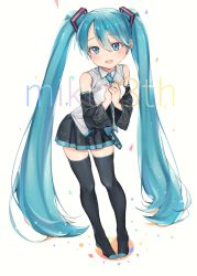Rule 34 | 1girl, aqua eyes, aqua hair, bad id, bad pixiv id, character name, detached sleeves, hands on own chest, hatsune miku, long hair, megumoke, necktie, open mouth, pigeon-toed, simple background, skirt, solo, thighhighs, twintails, very long hair, vocaloid, white background