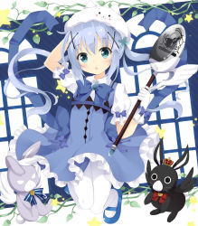 Rule 34 | 1girl, :o, adapted costume, alternate hairstyle, animal, anko (gochiusa), aqua eyes, blue footwear, blue hair, blue neckwear, blush, bow, bowtie, brooch, buttons, character hat, collared shirt, commentary request, crown, dress, flat chest, flying, frilled dress, frills, full body, gochuumon wa usagi desu ka?, hair ornament, hairclip, hat, holding, holding staff, jewelry, jumping, kafuu chino, light blue hair, long hair, looking at viewer, maccha, magical girl, mary janes, mini crown, open mouth, pantyhose, plant, puffy short sleeves, puffy sleeves, rabbit, red neckwear, shirt, shoes, short sleeves, sidelocks, sleeveless, sleeveless dress, spoon, staff, star (symbol), tippy (gochiusa), twintails, two-tone background, undershirt, vines, white hat, white pantyhose, white shirt, wild geese, wing collar, wings, x hair ornament