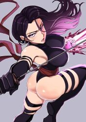 1girl absurdres ass bare_shoulders blue_leotard breasts ceroccb elbow_gloves gloves highleg highleg_leotard highres holding holding_sword holding_weapon large_breasts leotard long_hair looking_at_viewer marvel psylocke purple_eyes purple_hair sash solo superhero_costume sword thighhighs weapon x-men