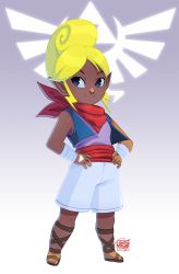 Rule 34 | 1girl, bandaged arm, bandages, beehive hairdo, big hair, black eyes, blonde hair, commission, dark-skinned female, dark skin, flat chest, full body, hands on own hips, highres, neckerchief, nintendo, parted bangs, pointy ears, sandals, sash, shorts, smile, solo, tetra, the legend of zelda, the legend of zelda: the wind waker, tovio rogers, vest