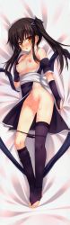 Rule 34 | 1girl, absurdres, any (trueblue), barefoot, bed, bed sheet, black hair, black panties, black theme, black thighhighs, blush, breasts, bridal gauntlets, chestnut mouth, dakimakura (medium), feet, from above, full body, hair ornament, highres, huge filesize, kisaragi mai, long image, looking at viewer, lying, ninja, nipples, no bra, no pussy, no shoes, on back, on bed, open clothes, open shirt, panties, panty pull, pussy juice, pussy juice trail, shirt, shuriken, softhouse-seal grandee, solo, tall image, thighhighs, toeless legwear, toes, twintails, underwear, weapon, yellow eyes, zettai ryouiki sex royale!!