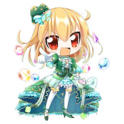 Rule 34 | 1girl, :d, blonde hair, blue gemstone, blue skirt, bow, bowtie, breasts, character request, chibi, commentary request, corset, cowlick, dress, floating, floating object, frilled dress, frilled skirt, frills, full body, gem, gem hair ornament, gloves, gold trim, green bow, green corset, green footwear, green shirt, grey bow, grey bowtie, hair bow, heart-shaped gem, high heels, hop step jumpers, lets0020, looking at viewer, medium bangs, medium breasts, medium hair, open mouth, pink brooch, pink gemstone, pointing, pointing at viewer, puffy short sleeves, puffy sleeves, purple gemstone, red eyes, red gemstone, shirt, short sleeves, showgirl skirt, simple background, skirt, smile, solo, thighhighs, transparent background, v-shaped eyebrows, white gloves, white thighhighs, yellow gemstone