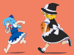 Rule 34 | 2girls, back, bad id, bad pixiv id, barefoot, blonde hair, blue eyes, blue hair, blush, bow, braid, chasing, cirno, embodiment of scarlet devil, feet, fleeing, hair bow, hat, jack-o&#039;-lantern, kirisame marisa, loafers, looking back, multiple girls, open mouth, pumpkin, running, shoes, short hair, simple background, tonbi, touhou, wings, witch, witch hat