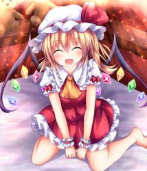Rule 34 | 1girl, ^ ^, ascot, barefoot, blonde hair, blush, closed eyes, facing viewer, flandre scarlet, hat, hat ribbon, kneeling, light particles, manma (manmamia), mob cap, on bed, open mouth, ribbon, short hair, short sleeves, side ponytail, skirt, skirt set, smile, solo, stuffed animal, stuffed toy, teddy bear, touhou, wings, wrist cuffs