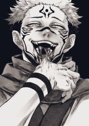 1boy extra_eyes facial_mark ibumomo823 jujutsu_kaisen licking licking_finger looking_at_viewer monochrome ryoumen_sukuna_(jujutsu_kaisen) solo tongue tongue_out