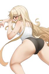 Rule 34 | 1girl, absurdres, armpit crease, artist request, ass, back, bare arms, bare shoulders, black-framed eyewear, black panties, blonde hair, blush, breasts, bright pupils, cameltoe, camisole, commission, from behind, girls&#039; frontline, glasses, highres, long hair, looking at viewer, looking back, lying, medium breasts, no pants, on stomach, orange eyes, panties, parted lips, profile, round eyewear, second-party source, shirt, simple background, sleeveless, sleeveless shirt, solo, spaghetti strap, sweatdrop, thighs, type 80 (girls&#039; frontline), underwear, very long hair, white background, white shirt