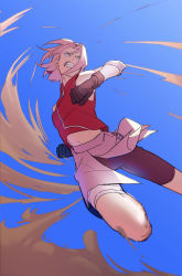 Rule 34 | 1girl, black gloves, breasts, clear sky, clenched teeth, dd supergirl, fighting stance, foot out of frame, gloves, green eyes, haruno sakura, highres, jumping, leggings, medium hair, midriff, naruto (series), naruto shippuuden, navel, pink hair, sand, sky, sleeveless, small breasts, solo, teeth, wind