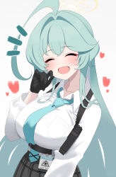 Rule 34 | 1girl, ahoge, belt, black belt, black gloves, black skirt, blue archive, blue necktie, blush, breasts, closed eyes, collarbone, collared shirt, double-parted bangs, gloves, green hair, halo, heart, highres, huge ahoge, large breasts, long hair, long sleeves, necktie, notice lines, open mouth, pleated skirt, shirt, simple background, skirt, smile, solo, upper body, very long hair, white background, white shirt, yoshiki 3821, yume (blue archive)