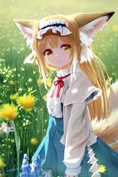 Rule 34 | 1girl, absurdres, animal ears, arknights, blue skirt, closed mouth, cowboy shot, day, flower, fox ears, fox girl, fox tail, frilled shirt, frills, from side, grass, green eyes, grey jacket, hairband, highres, jacket, lolita hairband, long sleeves, looking at viewer, looking to the side, multiple tails, neck ribbon, official alternate costume, open clothes, open jacket, outdoors, red ribbon, ribbon, shirt, signature, skirt, smile, solo, suzuran (arknights), suzuran (spring praise) (arknights), tail, welt (kinsei koutenkyoku), white shirt, yellow flower
