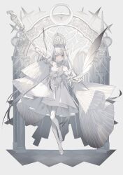 Rule 34 | 1girl, absurdres, arch, commentary, detached sleeves, dress, full body, gate, gradient hair, grey background, grey hair, highres, holding, holding staff, kotarou (kot mochi), lens flare, long hair, multicolored hair, original, simple background, staff, tagme, thighhighs, very long hair, white dress, white footwear, white hair, white theme, white thighhighs, yellow eyes