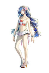 Rule 34 | 1girl, ankle bow, ankle ribbon, bikini, bikini shorts, black bikini, black shorts, blue eyes, blue hair, bow, bracelet, breasts, cleavage, collarbone, dana (ys), falcom, floating hair, flower, front-tie bikini top, front-tie top, full body, hair flower, hair ornament, hair ribbon, high heel sandals, highleg, highleg bikini, jewelry, leg ribbon, long hair, looking at viewer, microskirt, navel, official art, parted bangs, pink flower, pleated skirt, ribbon, sandals, short shorts, shorts, simple background, skirt, small breasts, smile, solo, standing, stomach, swimsuit, twintails, very long hair, white background, white bikini, white bow, white ribbon, white skirt, ys, ys viii lacrimosa of dana