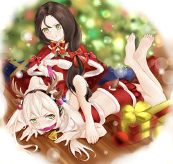 Rule 34 | 2girls, absurdres, angry, animal ears, antlers, bare legs, barefoot, bell, black hair, blurry, blurry background, blush, bow, box, christmas, christmas ornaments, christmas tree, collar, commentary request, deer ears, deer tail, destroyer (girls&#039; frontline), dreamer (girls&#039; frontline), dress, dyamond, fake animal ears, fake antlers, feet, frown, gag, gift, gift box, girls&#039; frontline, grin, hair bow, highres, horns, lens flare, lens flare abuse, long hair, looking at another, lying, midriff, multiple girls, neck bell, on person, on stomach, red dress, reindeer antlers, sangvis ferri, santa costume, smile, soles, tail, the pose, toenails, toes, twintails, white hair, yellow eyes