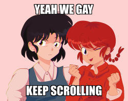 Rule 34 | 2girls, braid, braided ponytail, closed mouth, english text, fuurinkan high school uniform, highres, impact (font), meme, multiple girls, one eye closed, petz5, pink background, ranma-chan, ranma 1/2, red hair, school uniform, simple background, tendou akane, tongue, tongue out, yuri