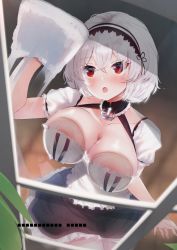 Rule 34 | 1girl, against glass, anchor, anchor necklace, apron, areola slip, azur lane, blush, breast press, breasts, cleaning, cleavage, collarbone, crossed bangs, dress, frilled dress, frilled sleeves, frills, hair between eyes, hairband, hato haru, jewelry, large breasts, looking up, maid, maid apron, necklace, open mouth, puffy short sleeves, puffy sleeves, rag, red eyes, short dress, short hair, short sleeves, sirius (azur lane), solo, white hair, window