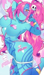Rule 34 | 1girl, blue skin, blush, breasts, cleavage, code of princess, colored skin, highres, lady zozo, large breasts, long hair, msp sammy, necromancer, pink hair, slit pupils, solo, thighs, yellow eyes