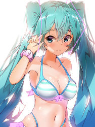 Rule 34 | 1girl, bikini, blue eyes, blue hair, breasts, cleavage, hair between eyes, halkawa501, hatsune miku, highres, long hair, looking at viewer, medium breasts, navel, scrunchie, simple background, smile, solo, striped bikini, striped clothes, swimsuit, twintails, vocaloid, white background, wrist scrunchie