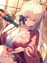 Rule 34 | 1girl, 2024, akai haato, alcohol, aqua eyes, blonde hair, blush, bottle, breasts, choko (cup), cleavage, closed mouth, commentary request, cup, flower, hair between eyes, hair flower, hair ornament, hair ribbon, happy new year, highres, holding, holding bottle, hololive, huge breasts, japanese clothes, kimono, lips, long hair, looking at viewer, magowasabi, manicure, nail polish, new year, open clothes, open kimono, pink kimono, pouring, pouring onto self, ribbon, sake, signature, sitting, very long hair, virtual youtuber