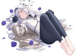 Rule 34 | 1girl, barefoot, blue archive, blue flower, blue rose, blush, feet, flower, grey eyes, hairband, hand on own knee, highres, himari (blue archive), long hair, looking at viewer, lying, on back, parted lips, pointy ears, rose, tamago (eva1314056), toes