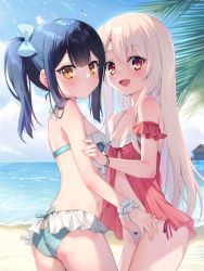 Rule 34 | 2girls, ass, ass cutout, black hair, blush, bow, bow panties, breasts, brown eyes, butt crack, clothing cutout, fate/kaleid liner prisma illya, fate (series), female focus, fingernails, from side, hair between eyes, hair ornament, hairclip, highres, illyasviel von einzbern, long hair, looking at viewer, miyu edelfelt, multiple girls, open mouth, outdoors, panties, red eyes, revision, sidelocks, small breasts, smile, standing, taro (ultrataro), underwear, white hair