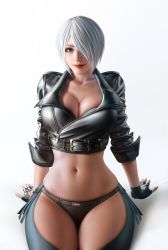 Rule 34 | 1girl, absurdres, angel (kof), arm support, black gloves, black jacket, black panties, breasts, chaps, cleavage, closed mouth, cloud.d, collarbone, commentary request, cropped jacket, fingerless gloves, gloves, hair over one eye, highres, jacket, large breasts, lips, looking at viewer, makeup, navel, panties, red lips, shadow, short hair, simple background, sitting, sleeves rolled up, smile, solo, stomach, the king of fighters, underwear, white background, white hair, zipper, zipper pull tab
