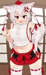 Rule 34 | 1girl, anger vein, angry, animal ears, artist request, autumn leaves, bad id, bad pixiv id, black skirt, blush, breasts, detached sleeves, fang, groin, hat, highres, indoors, inubashiri momiji, large breasts, looking at viewer, miniskirt, multicolored clothes, multicolored skirt, navel, open mouth, pointing, pom pom (clothes), red eyes, red skirt, ribbon-trimmed sleeves, ribbon trim, shirt, short hair, sideboob, silver hair, skirt, sleeveless, sleeveless shirt, solo, tail, thighhighs, tokin hat, touhou, turtleneck, white shirt, white thighhighs, wolf ears, wolf tail