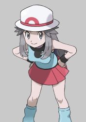 Rule 34 | 1girl, aqua shirt, aqua socks, black wristband, breasts, bucket hat, closed mouth, commentary request, creatures (company), game freak, grey background, grey eyes, grey hair, hands on own hips, hat, highres, knees, leaf (pokemon), leaning forward, long hair, looking at viewer, loose socks, nintendo, pleated skirt, pokemon, pokemon frlg, red skirt, sawa (soranosawa), shirt, sidelocks, skirt, sleeveless, sleeveless shirt, smile, socks, solo, white hat, wristband