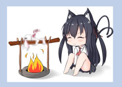Rule 34 | 1girl, animal ear fluff, animal ears, ascot, barefoot, between legs, black hair, black skirt, blue background, blush, burning, campfire, cat ears, cat girl, cat tail, censored, censored violence, chibi, chisuzu mei, closed eyes, closed mouth, collared shirt, commentary request, fang, fang out, fire, hair ribbon, hand between legs, long hair, long sleeves, mosaic censoring, multiple tails, nagato-chan, paryi project, pleated skirt, red ascot, red ribbon, ribbon, shadow, shirt, sitting, skirt, solo, tail, tail raised, two-tone background, two side up, two tails, very long hair, virtual youtuber, white background, white shirt