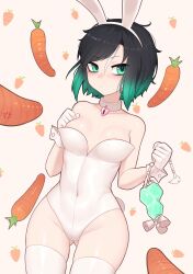 Rule 34 | 1girl, absurdres, animal ears, ass, bare shoulders, black hair, breasts, carrot, chikaretsu, collar, commentary, dutch angle, english commentary, fake animal ears, fake tail, gloves, green eyes, highres, leotard, looking at viewer, multicolored hair, necromancer girl (chikaretsu), original, playboy bunny, rabbit ears, rabbit tail, short hair, small breasts, solo, strapless, strapless leotard, streaked hair, tail, thighhighs, two-tone hair, white gloves, white thighhighs, wrist cuffs