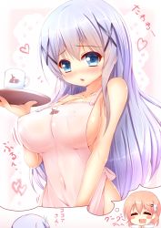 Rule 34 | 2girls, = =, aged up, alternate breast size, animal print, apron, blue eyes, blush, blush stickers, breasts, brown hair, chibi, collarbone, covered erect nipples, covered navel, cup, drooling, eyebrows, flying sweatdrops, gochuumon wa usagi desu ka?, hair ornament, hairclip, heart, highres, hoto cocoa, kafuu chino, kane-neko, lace background, large breasts, long hair, looking at viewer, mug, multiple girls, naked apron, nude, purple hair, rabbit print, short hair, sideboob, smile, sweatdrop, thought bubble, translation request, tray, upper body, waitress, x hair ornament, yuri