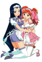 Rule 34 | 2girls, apron, asahina natsuki, asahina yurina, blue dress, blue footwear, blue hair, breasts, cleavage, dress, green eyes, high heels, holding hands, kneeling, large breasts, light smile, long hair, looking at viewer, maid headdress, multiple girls, non-web source, official art, open mouth, photoshop (medium), pink dress, pink footwear, red eyes, red hair, short dress, short sleeves, simple background, super real mahjong, tanaka ryou, thighhighs, twintails, very long hair, waist apron, white background, white thighhighs