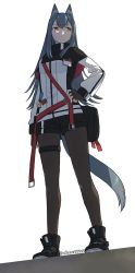 Rule 34 | 1girl, animal ears, arknights, black footwear, black gloves, black jacket, black pantyhose, black shorts, brown eyes, fingerless gloves, full body, gloves, grey hair, hand on own hip, high collar, highres, jacket, kizuta (barometz), long hair, long sleeves, looking to the side, multicolored clothes, multicolored jacket, name tag, original, pantyhose, shorts, solo, standing, tail, texas (arknights), thigh strap, twitter username, two-tone jacket, very long hair, white background, white jacket, wolf ears, wolf girl, wolf tail