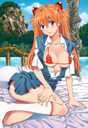 Rule 34 | 1girl, aged up, bed, bikini, blouse, blush, bra, breasts, female focus, hair between eyes, hand on own thigh, interface headset, large breasts, long hair, looking at viewer, micro bikini, neon genesis evangelion, on bed, open clothes, open shirt, orange hair, pillow, red bikini, school uniform, shiny skin, shirt, sitting, skirt, sky, smile, socks, solo, souryuu asuka langley, suspender skirt, suspenders, swimsuit, tokyo-3 middle school uniform, twintails, two side up, underwear, white shirt, white socks, yamayoshi