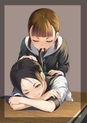 Rule 34 | 2girls, blush, border, brown background, brown eyes, brown hair, chair, closed eyes, crossed arms, desk, grey neckerchief, hair in own mouth, hand on another&#039;s head, hand on another&#039;s shoulder, long sleeves, low twintails, mouth hold, multiple girls, neckerchief, one eye closed, original, school desk, school uniform, serafuku, short hair, short sleeves, sody, twintails, yuri