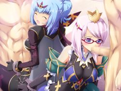 Rule 34 | 2boys, 2girls, blue eyes, blue hair, blush, censored, clothed female nude male, crown, cuffs, detached sleeves, closed eyes, fellatio, glasses, group sex, handcuffs, multiple boys, multiple girls, nude, oral, penis, pink hair, sex, smile, source request