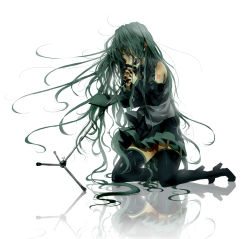 Rule 34 | 1girl, aqua eyes, aqua hair, black thighhighs, boots, commentary, crying, detached sleeves, floating hair, green hair, hair down, hatsune miku, holding, holding microphone, holding microphone stand, kneeling, long hair, messy hair, microphone, microphone stand, music, necktie, open mouth, reflection, sakura shiori, singing, sitting, skirt, sleeveless, solo, tattoo, tears, thigh boots, thighhighs, very long hair, vocaloid