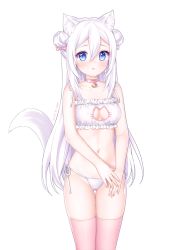 Rule 34 | 1girl, animal ears, bare arms, bare shoulders, bell, blue eyes, bra, breasts, cat cutout, cat ears, cat girl, cat lingerie, cat tail, choker, cleavage cutout, clothing cutout, collarbone, cowboy shot, double bun, frilled bra, frills, gluteal fold, hair between eyes, hair bun, highres, jingle bell, long hair, looking at viewer, medium breasts, meme attire, nami (nyaa), navel, original, panties, parted lips, pink choker, pink thighhighs, side-tie panties, simple background, solo, standing, stomach, string panties, tail, thigh gap, thighhighs, thighs, underwear, very long hair, white background, white bra, white hair, white panties