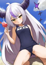 Rule 34 | 1girl, absurdres, bad id, bad pixiv id, blue one-piece swimsuit, blue sky, braid, breasts, closed mouth, cloud, cup, day, demon horns, drink, drinking glass, drinking straw, gluteal fold, hair between eyes, highres, holding, holding cup, hololive, horns, la+ darknesss, light smile, long hair, looking at viewer, multicolored hair, one-piece swimsuit, outdoors, pointy ears, purple hair, pyonsan, school swimsuit, sky, slit pupils, small breasts, solo, spread legs, streaked hair, striped horns, summer, swimsuit, very long hair, virtual youtuber, yellow eyes