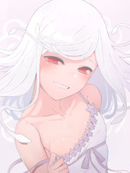 Rule 34 | 1girl, :d, bakemonogatari, bare shoulders, blush, breasts, collarbone, commentary request, dress, grey background, grin, head tilt, highres, looking at viewer, monogatari (series), open mouth, pulling own clothes, red eyes, sengoku nadeko, sleeveless, sleeveless dress, small breasts, smile, snake hair, solo, strap pull, sundress, swept bangs, teeth, tostos, upper body, white hair