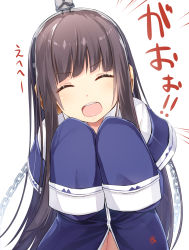 Rule 34 | &gt;:d, 1girl, :d, azur lane, brown hair, chain, commentary request, emphasis lines, closed eyes, facing viewer, hairband, hands in opposite sleeves, headgear, highres, long hair, long island (azur lane), long sleeves, meth (emethmeth), open mouth, signature, simple background, smile, solo, upper body, v-shaped eyebrows, white background