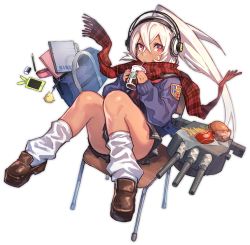 Rule 34 | 1girl, alternate costume, azur lane, bag, brown footwear, burger, chair, closed mouth, cup, dark-skinned female, dark skin, drink, drinking straw, duffel bag, food, french fries, full body, headphones, holding, holding cup, loafers, logo, long sleeves, looking at viewer, mephisto (angraecum), minneapolis (azur lane), minneapolis (wild huntress schoolgirl) (azur lane), native american, notebook, official art, pencil, ponytail, red eyes, red scarf, scarf, shoes, socks, solo, transparent background, white hair, white socks