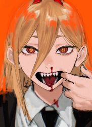 Rule 34 | 1girl, bad id, bad twitter id, black jacket, black necktie, blonde hair, blood, blood on clothes, blood on face, chainsaw man, collared shirt, cross-shaped pupils, finger in own mouth, formal, hair between eyes, highres, horns, jacket, long hair, looking at viewer, necktie, nosebleed, open mouth, orange background, orange theme, power (chainsaw man), raberu ruru, red eyes, red horns, sharp teeth, shirt, simple background, solo, suit, symbol-shaped pupils, teeth, white shirt