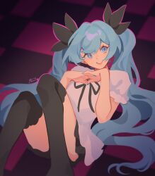 Rule 34 | 1girl, absurdres, blue eyes, blue hair, checkered floor, hair ornament, hatsune miku, highres, knees up, long hair, looking to the side, mararu, miku day, nail polish, neck ribbon, own hands together, ribbon, short sleeves, sitting, skirt, smile, solo, thighhighs, twintails, very long hair, vocaloid, world is mine (vocaloid)