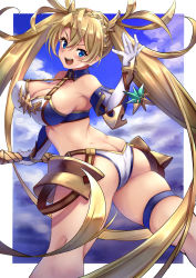 Rule 34 | 1girl, absurdres, armor, ass, bad anatomy, bare shoulders, bikini, blonde hair, blue bikini, blue eyes, blue gloves, blue sky, blush, border, bradamante (fate), braid, breasts, butt crack, cleavage, crown braid, elbow gloves, energy barrier, energy shield, fate/grand order, fate (series), faulds, gloves, highleg, highleg bikini, highres, kent0320, large breasts, long hair, looking at viewer, looking back, navel, open mouth, scepter, sky, smile, solo, swimsuit, thigh strap, thighs, twintails, two-tone bikini, two-tone gloves, very long hair, white bikini, white border, white gloves