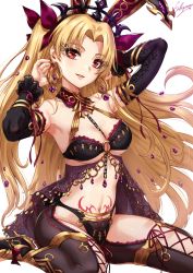 Rule 34 | 1girl, animal ears, arms up, artist name, bare shoulders, between breasts, black bra, black legwear, black panties, blonde hair, blurry, blurry background, blush, bra, breasts, chain, cleavage, earrings, ereshkigal (fate), eyelashes, fate/grand order, fate (series), gem, gold trim, halterneck, high heels, highres, infinity symbol, jewelry, long hair, looking at viewer, medium breasts, nail polish, navel, panties, parted bangs, parted lips, pubic tattoo, rabbit ears, red eyes, red ribbon, ribbon, sakiyamama, signature, sitting, smile, solo, sparkle, stomach tattoo, tattoo, thighs, tiara, two side up, underwear, wariza, white background