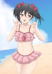 Rule 34 | 1girl, artist name, artist request, bare legs, bare shoulders, beach, bikini, bikini skirt, black hair, blue sky, blush, bow, breasts, cloud, collarbone, day, diamond (gemstone), double m/, female focus, flat chest, floating hair, frilled bikini, frills, hair between eyes, hair bow, half-closed eyes, highres, long hair, looking at viewer, love live!, love live! school idol project, nico nico nii, ocean, outdoors, parted lips, pink bikini, red bow, red eyes, short hair, short twintails, sky, small breasts, smile, solo, swimsuit, twintails, yazawa nico