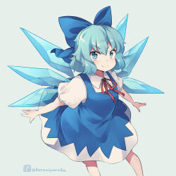 Rule 34 | &gt;:), 1girl, blue bow, blue dress, blue eyes, blue hair, blue wings, bow, cirno, closed mouth, collared shirt, detached wings, dress, feet out of frame, grey background, hair between eyes, hair bow, ice, ice wings, kuromiya, looking at viewer, neck ribbon, one-hour drawing challenge, puffy short sleeves, puffy sleeves, red ribbon, ribbon, shirt, short sleeves, simple background, sleeveless, sleeveless dress, smile, solo, standing, touhou, twitter username, v-shaped eyebrows, white shirt, wings