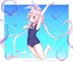 Rule 34 | 1girl, animal ear fluff, animal ears, arm up, armpits, barefoot, blush, bubble, rabbit ears, cameltoe, commentary request, covered navel, finger to mouth, from side, full body, hair ornament, hairclip, highres, jumping, legs up, long hair, low twintails, one-piece swimsuit, pink eyes, pink hair, school swimsuit, smile, solo, swimsuit, tomari mari, tomari mari channel, twintails, very long hair, virtual youtuber, water