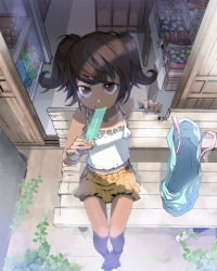 Rule 34 | 1girl, bag, bare legs, barefoot, bench, brown eyes, brown hair, camisole, dark-skinned female, dark skin, face, feet, food, foreshortening, from above, highres, legs, looking up, original, pigeon-toed, popsicle, shop, sitting, skirt, solo, stregoicavar, tan, twintails