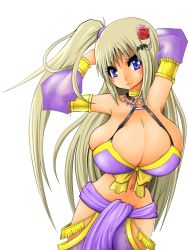 Rule 34 | 1girl, arm behind head, blue eyes, bra, breasts, cleavage, curvy, detached sleeves, female focus, flower, green hair, hair ornament, huge breasts, jewelry, kud wafter, little busters!, loincloth, long hair, necklace, noumi kudryavka, side ponytail, simple background, solo, specialblue, standing, underwear, white background