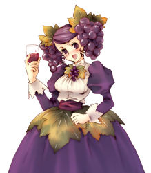 Rule 34 | 1girl, alcohol, blush, cup, dress, drink, drinking glass, food, food-themed clothes, food as clothes, fruit, grapes, leaf, open mouth, original, personification, purple dress, purple eyes, purple hair, purple theme, simple background, solo, swept bangs, torazou, twintails, white background, wine